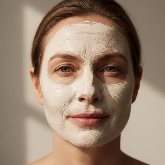 EneboBees lermask med honung, Stillhet, applicerad på ett kvinnoansikte.
