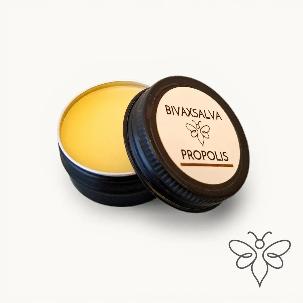 Öppen 10 g burk med BivaxSalva Mini Propolis från EneboBee, visande salvan.