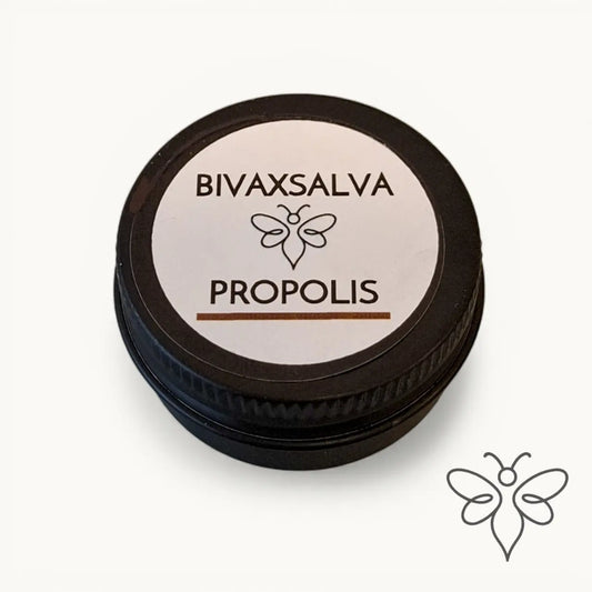 10 g burk med BivaxSalva Mini Propolis från EneboBee, fotograferad ovanifrån med etiketten synlig.