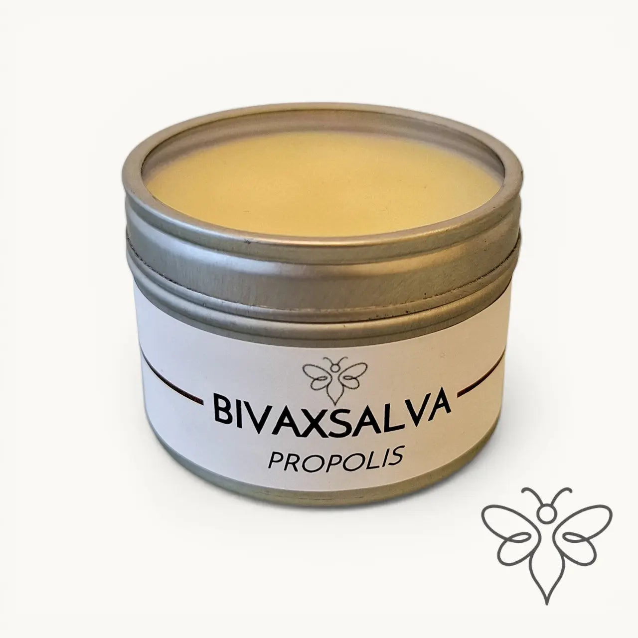 EneboBee bivaxsalva med propolis i en rund silverfärgad burk.