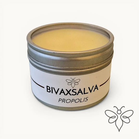 EneboBee bivaxsalva med propolis i en rund silverfärgad burk.
