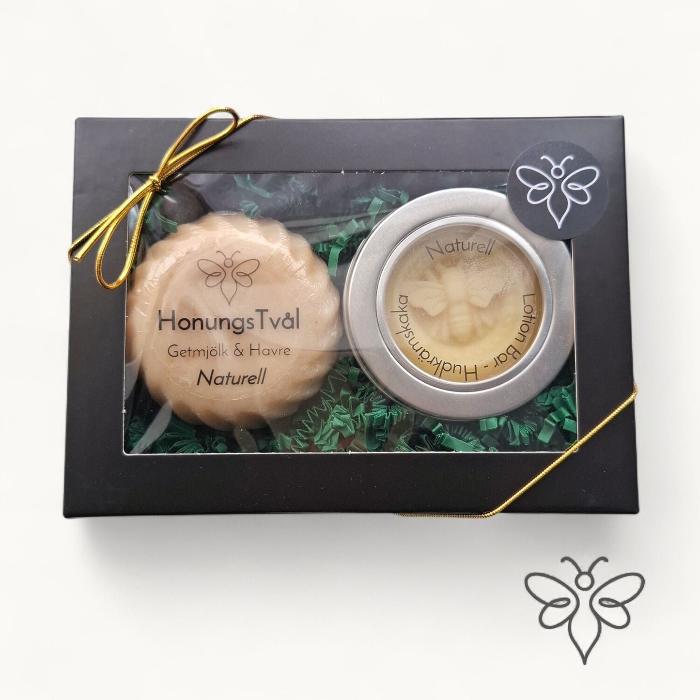 Presentkit med naturell lotionbar och handgjord honungstvål med getmjölk från EneboBee.