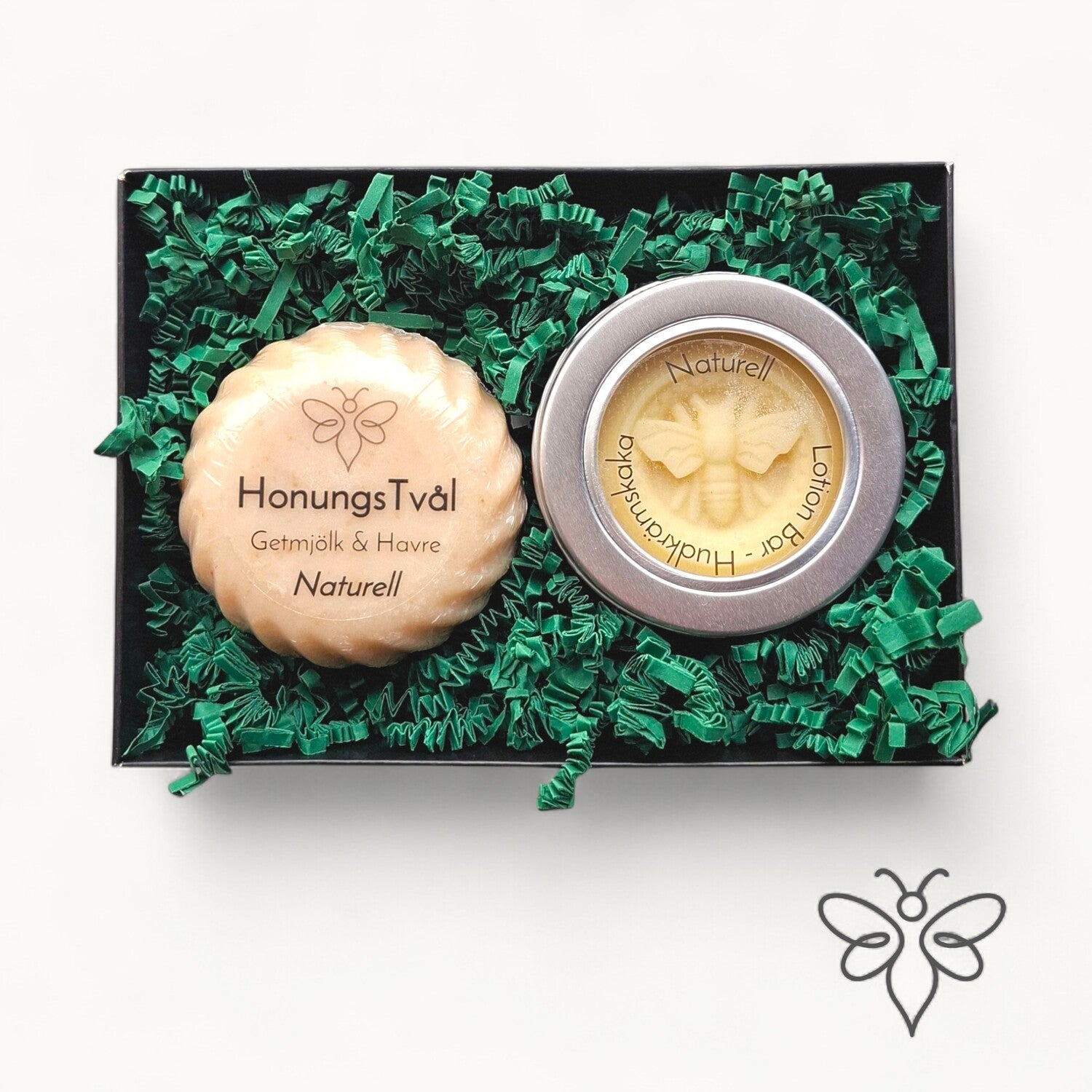 Presentkit med naturell lotionbar och handgjord honungstvål med getmjölk från EneboBee.