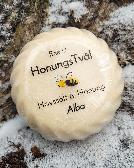 Honungstvål - Havssalt - Alba, framsida på träbakgrund